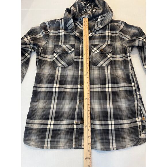 Carhartt women’s hooded flannel button up shirt, gray, and white size small 4/6 - Picture 11 of 13